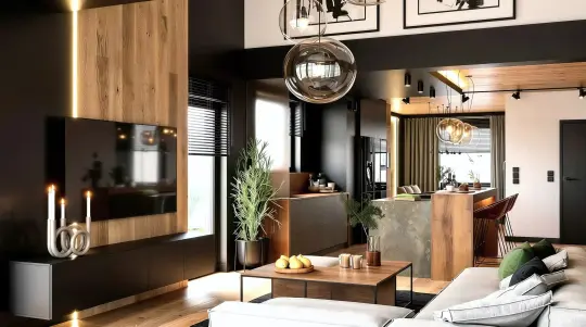 Apartament w Szczyrku z widokiem na Skrzyczne – widok na otwarty salon z kuchnią