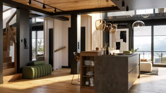 Apartament w Szczyrku z widokiem na Skrzyczne – widok na otwarty salon z kuchnią