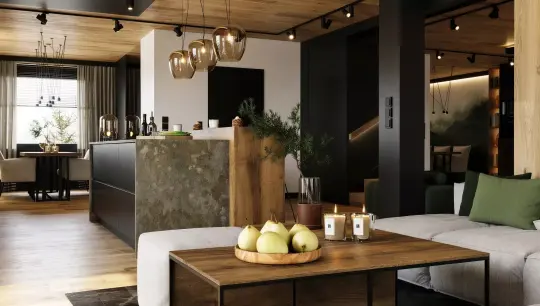 Apartament w Szczyrku z widokiem na Skrzyczne – widok na otwarty salon z kuchnią