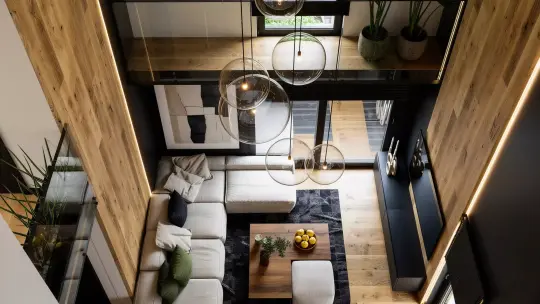 Apartament w Szczyrku z widokiem na Skrzyczne – widok z antresoli na otwarty salon z kuchnią