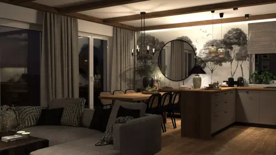 Projekt wnętrza nowoczesnego domu w Goczałkowicach – salon nocą (oświetlenie wieczorne)