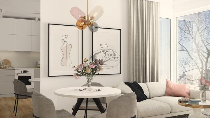 Projekt salonu w kobiecej kawalerce w Warszawie