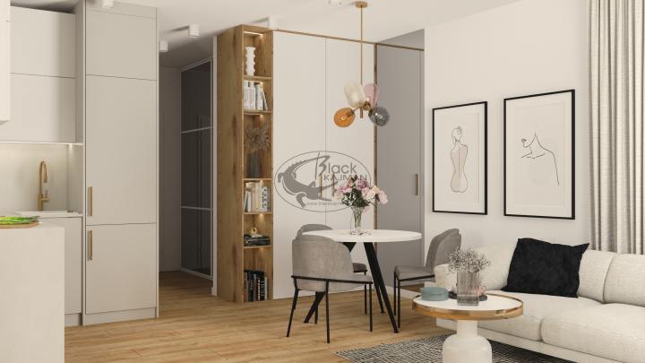 Projekt salonu w kobiecej kawalerce w Warszawie