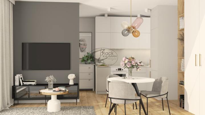Kobieca kawalerka w Warszawie – połączenie kuchni z salonem