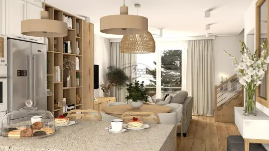 Dwukondygnacyjny apartament w Wapienicy – salon z kuchnią