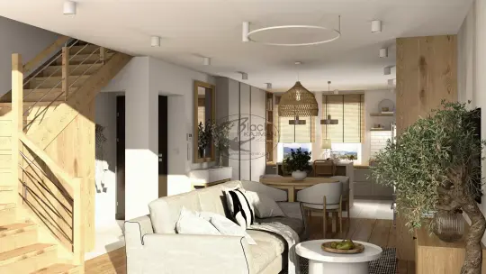 Dwukondygnacyjny apartament w Wapienicy – salon z kuchnią i jadalnią